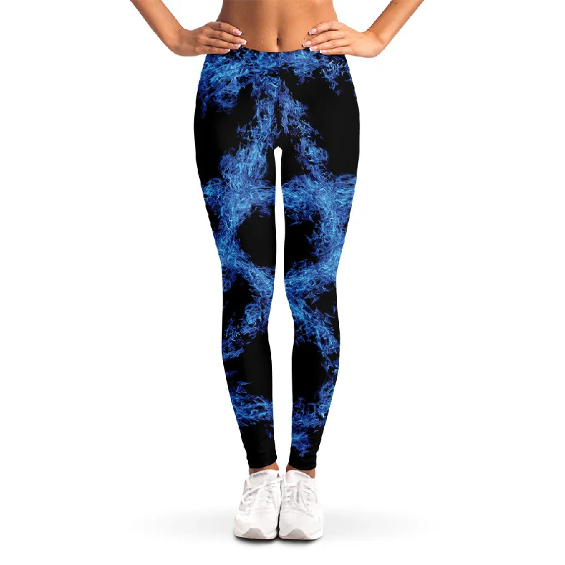 Blue Flame Pentagram Print Women's Leggings Trendy Digital Print Leggings