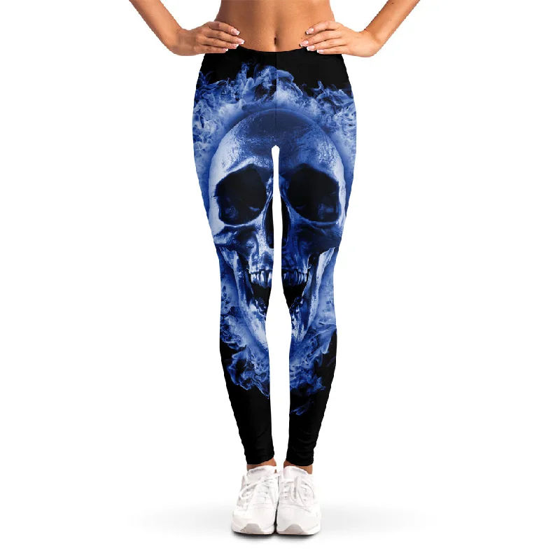 Blue Flaming Skull Print Women's Leggings Trendy High-Waist Tummy Control Leggings