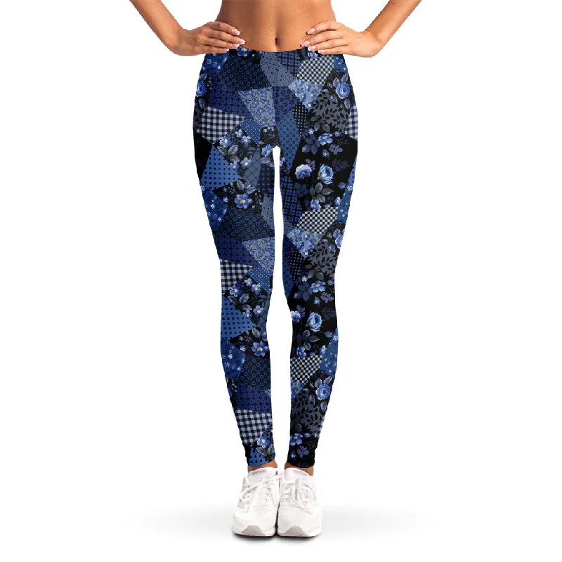 Blue Flower Patchwork Pattern Print Women's Leggings Trendy Black Mesh Leggings