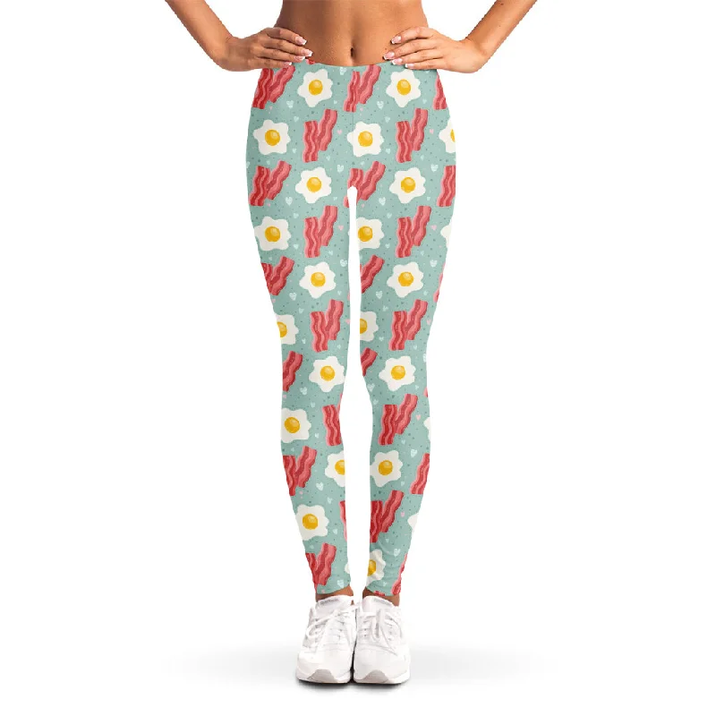 Blue Fried Egg And Bacon Pattern Print Women's Leggings Trendy Adjustable Waist Leggings