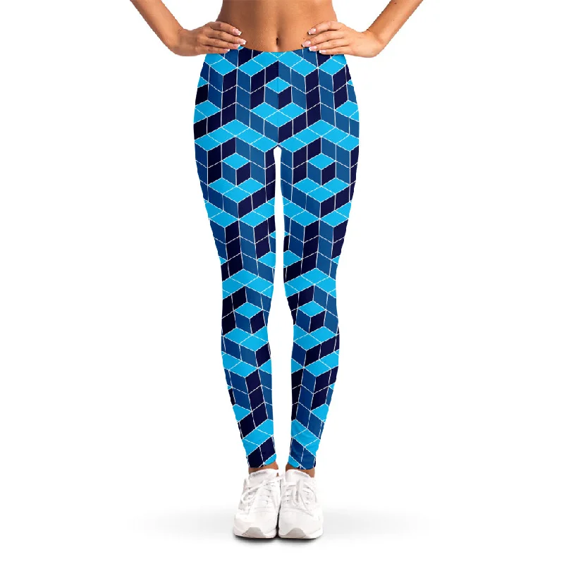 Blue Geometric Cube Shape Pattern Print Women's Leggings Trendy Seamless Fit Leggings