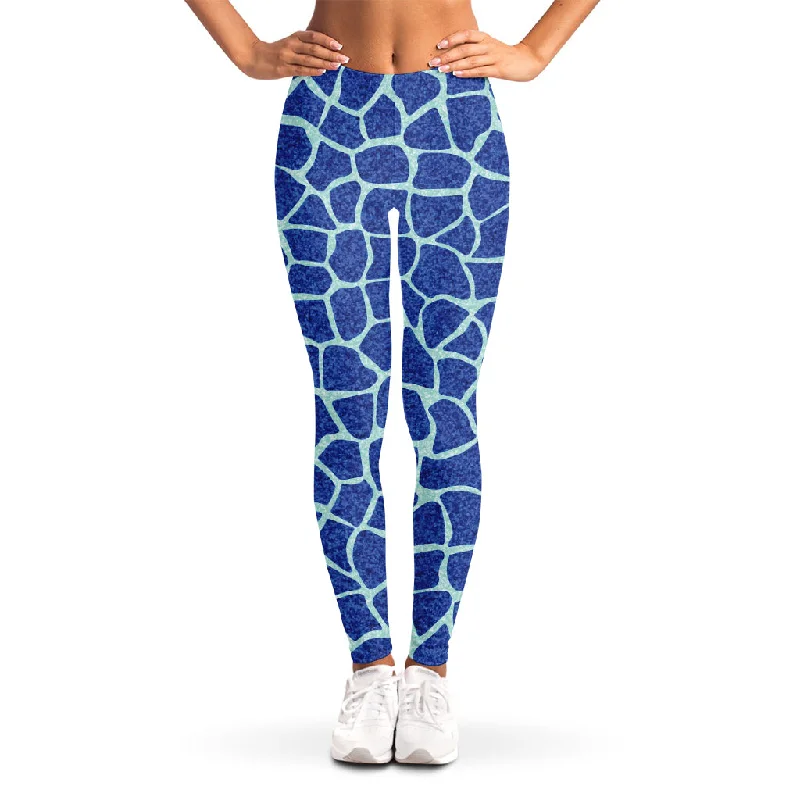 Blue Giraffe Print Women's Leggings Stylish Pockets Active Leggings