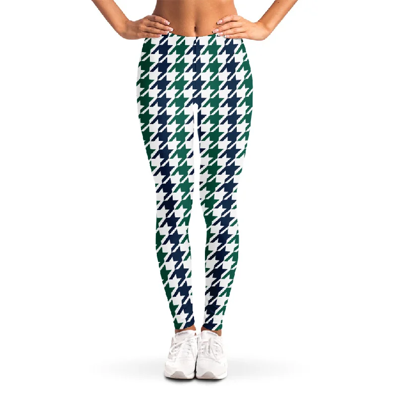 Blue Green And White Houndstooth Print Women's Leggings Cozy Warmth Leggings