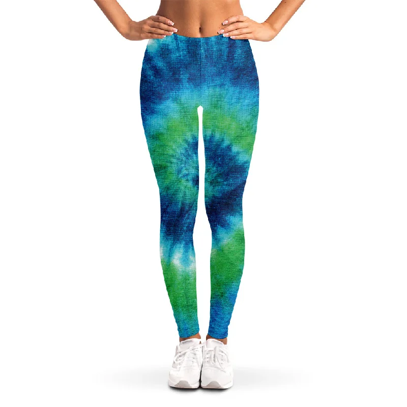 Blue Green And White Tie Dye Print Women's Leggings Stylish Faux Leather Leggings