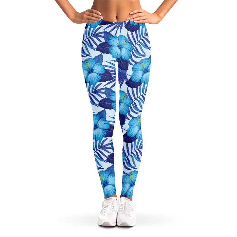 Blue Hibiscus Tropical Pattern Print Women's Leggings Fashionable Seamless Leggings