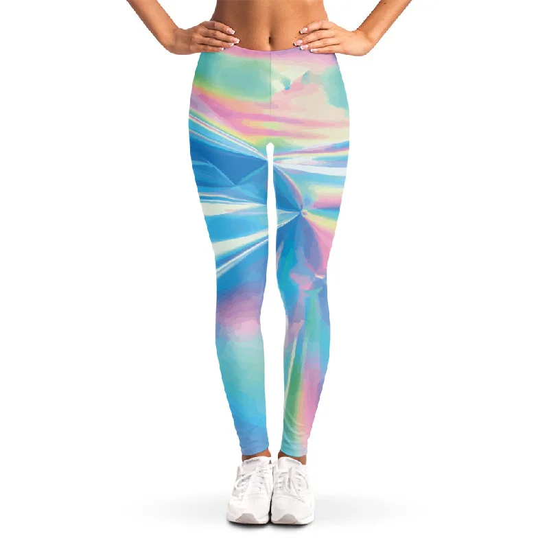 Blue Holographic Print Women's Leggings Stylish Stretch-Waist Leggings