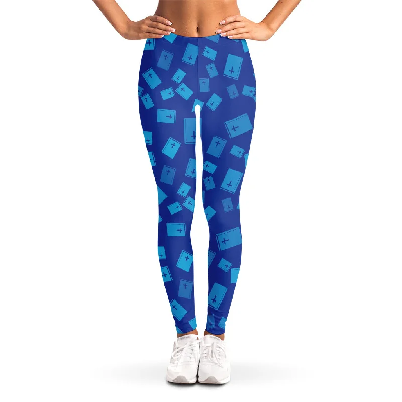 Blue Holy Bible Pattern Print Women's Leggings Elegant Metallic Leggings