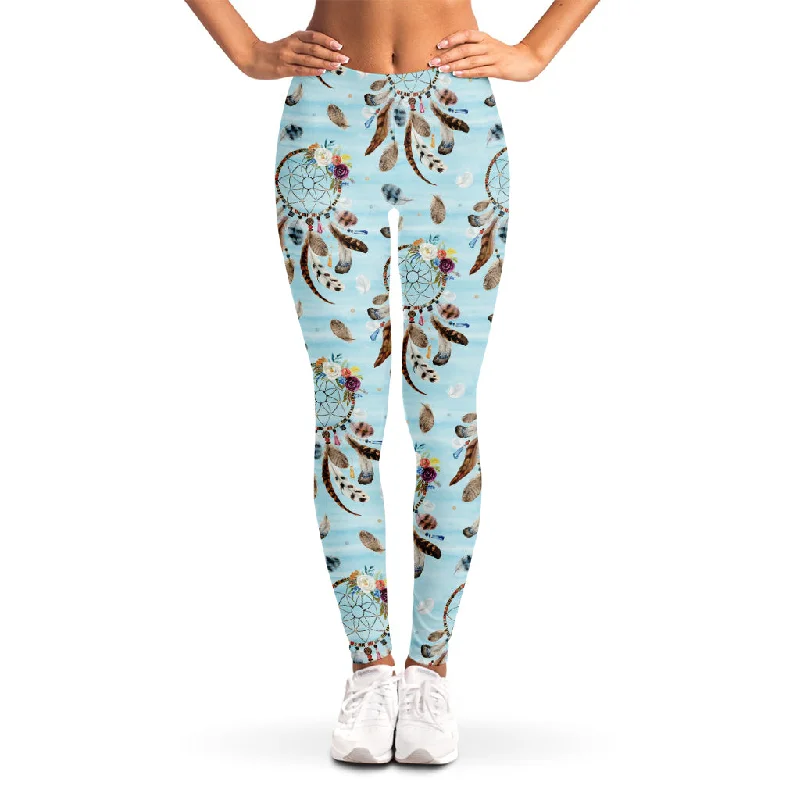 Blue Indian Dream Catcher Pattern Print Women's Leggings Fashionable Tummy Control Leggings