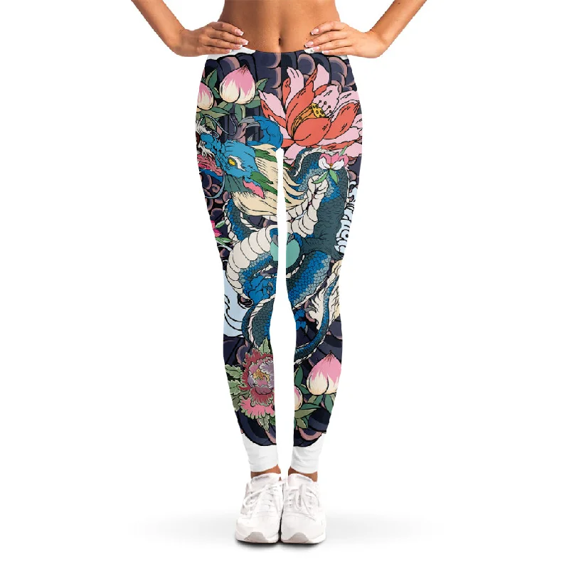 Blue Japanese Dragon Tattoo Print Women's Leggings Comfortable Compression Leggings