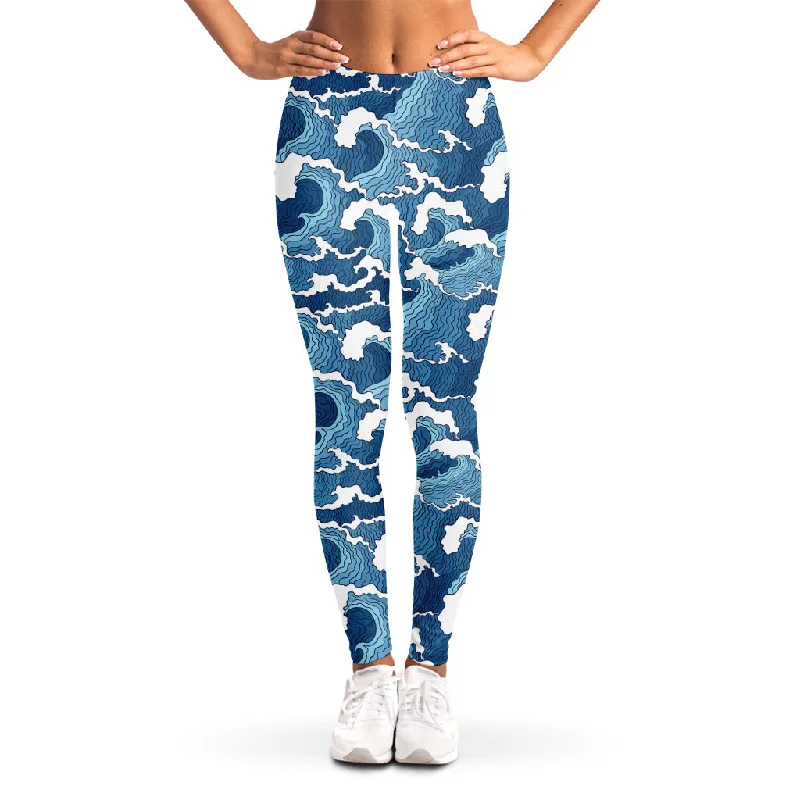 Blue Japanese Wave Pattern Print Women's Leggings Cozy Bootcut Leggings