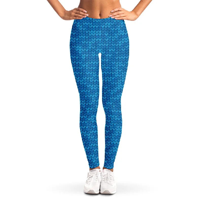 Blue Knitted Pattern Print Women's Leggings Trendy Patterned Leggings