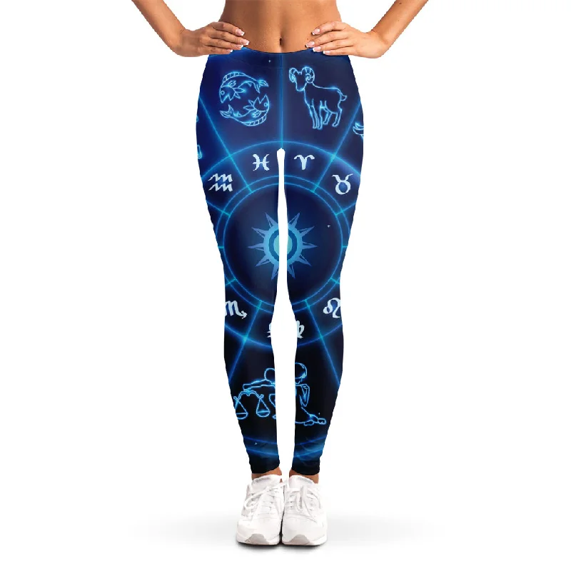 Blue Light Zodiac Circle Print Women's Leggings Trendy Full-Length Leggings