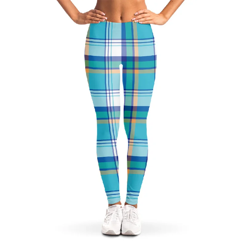 Blue Madras Pattern Print Women's Leggings Stylish Lightweight Leggings