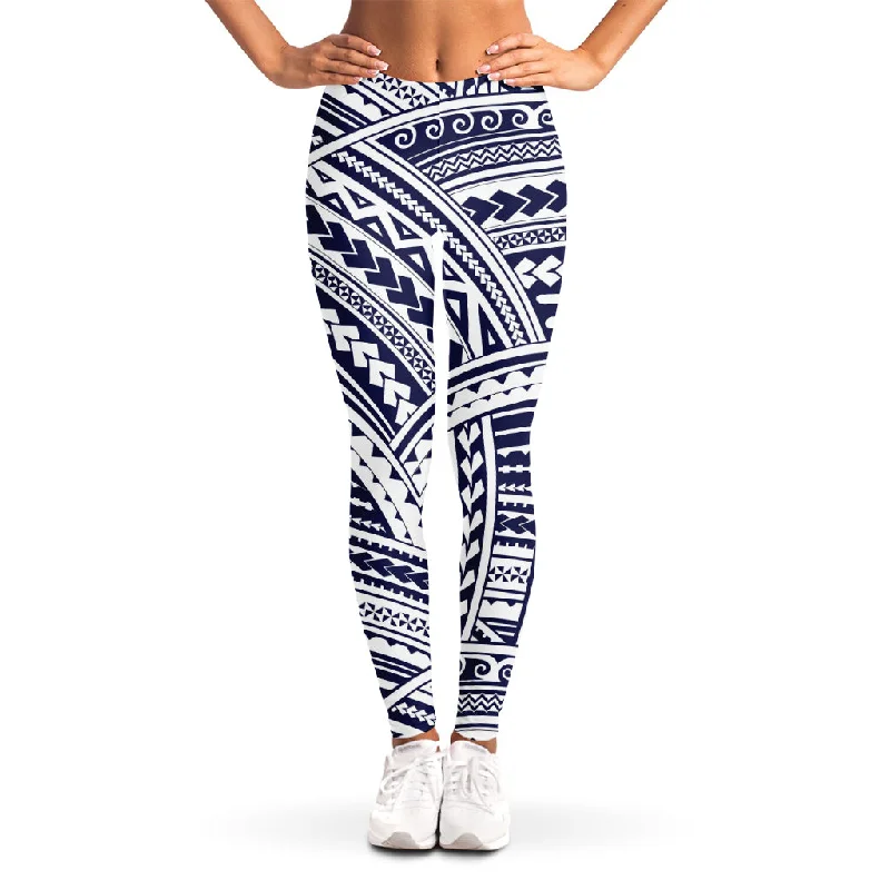 Blue Maori Polynesian Tattoo Print Women's Leggings Cozy Mid-Rise Workout Leggings