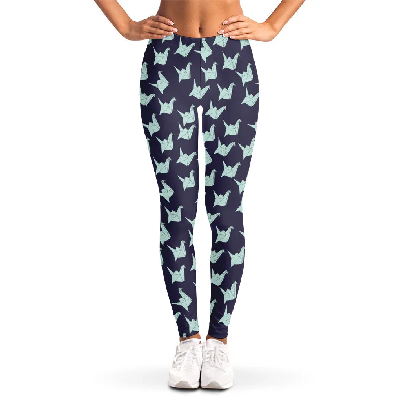 Blue Origami Crane Pattern Print Women's Leggings Comfortable Tummy Shaping Leggings