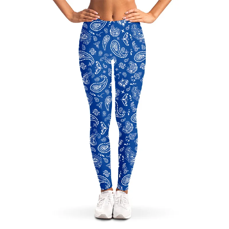 Blue Paisley Bandana Pattern Print Women's Leggings Trendy Sporty Compression Leggings