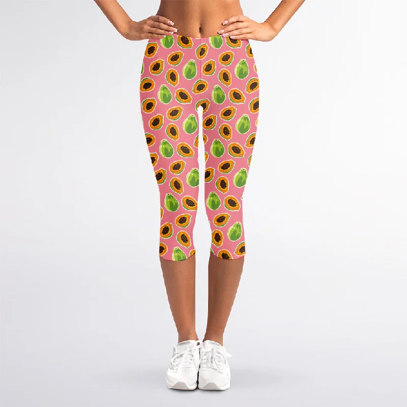 Cute Papaya Pattern Print Women's Capri Leggings Casual Black Leggings