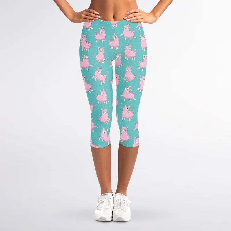 Cute Pink Llama Pattern Print Women's Capri Leggings Comfortable Bootcut Workout Leggings