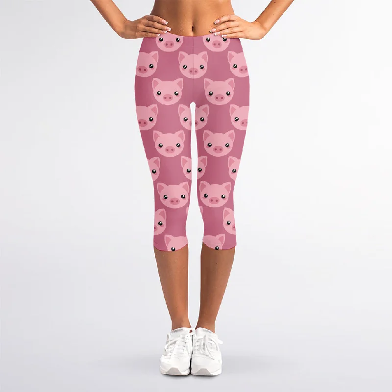 Cute Pink Pig Pattern Print Women's Capri Leggings Stylish Faux Leather Leggings