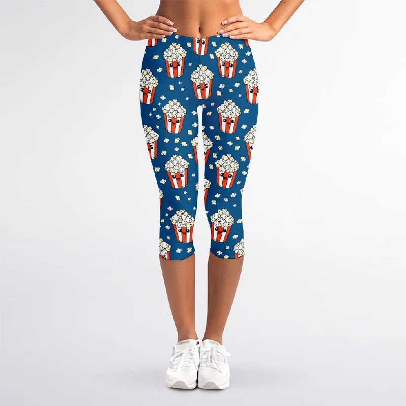 Cute Popcorn Box Pattern Print Women's Capri Leggings Chic Floral Print Leggings