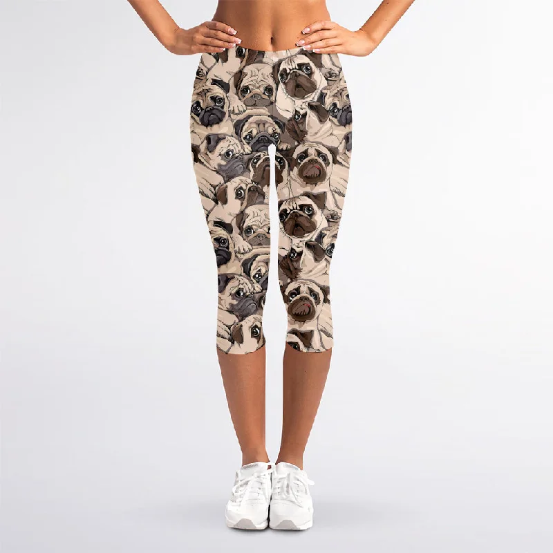 Cute Pug Pattern Print Women's Capri Leggings Stylish Stretch-Waist Leggings