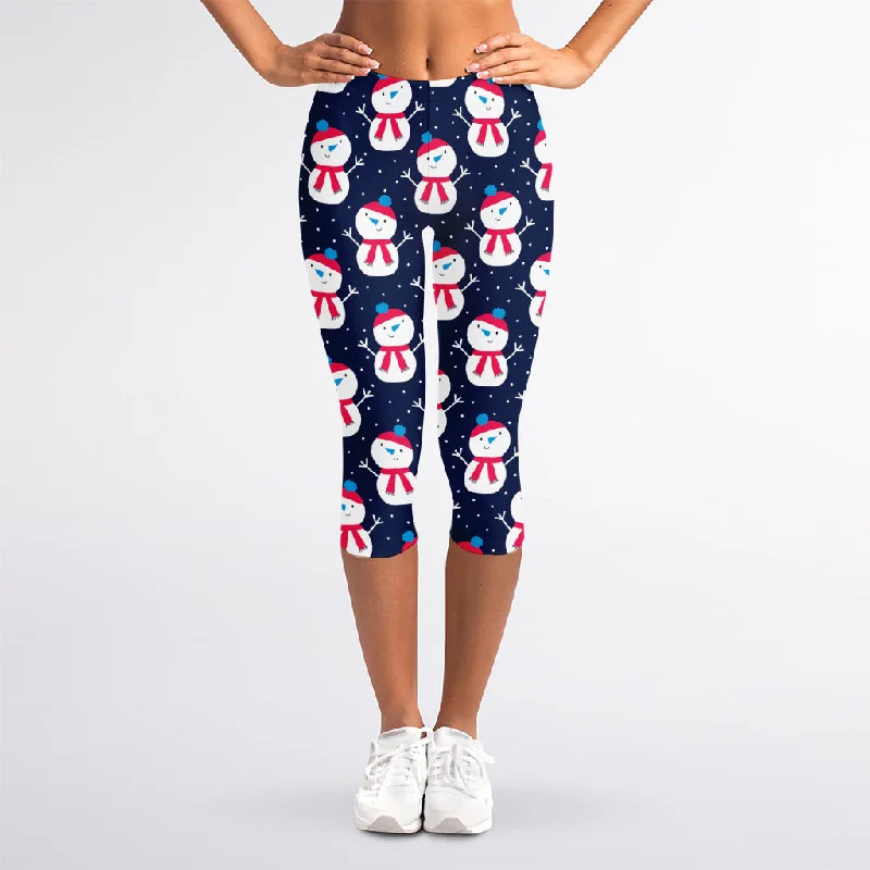 Cute Snowman Pattern Print Women's Capri Leggings Trendy Full-Length Leggings