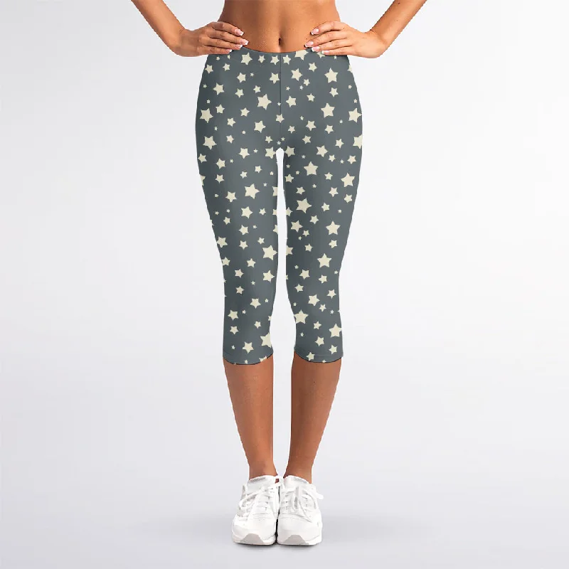 Cute Star Pattern Print Women's Capri Leggings Comfortable Ribbed Sports Leggings