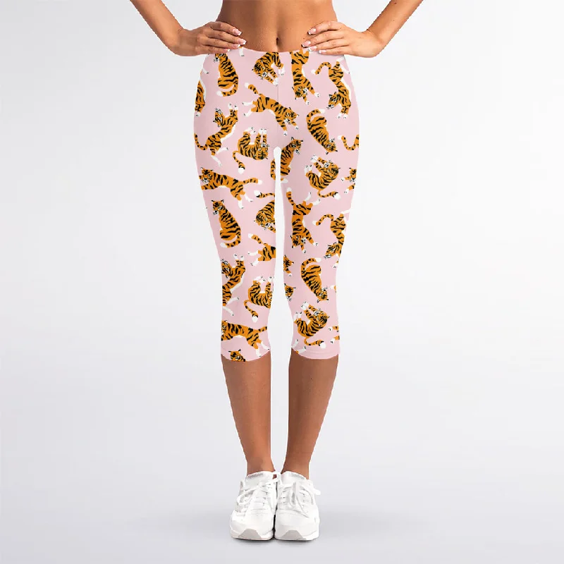 Cute Tiger Pattern Print Women's Capri Leggings Trendy Leather-Look Workout Leggings