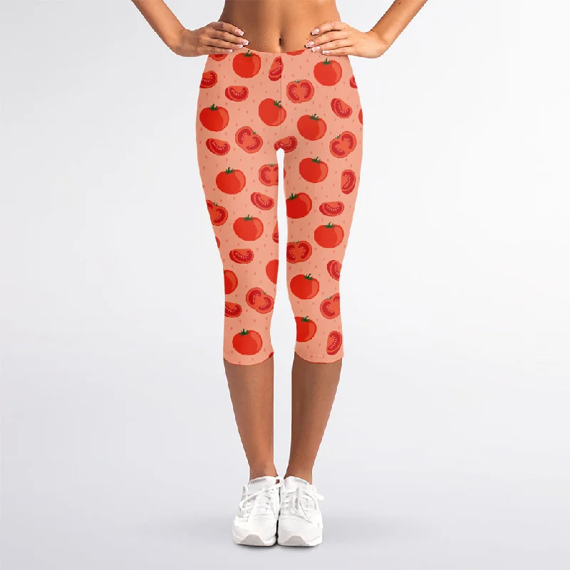 Cute Tomato Pattern Print Women's Capri Leggings Comfortable Wide-Band Leggings