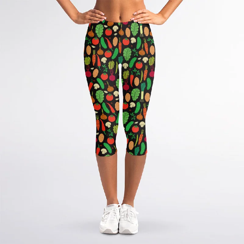 Cute Vegan Pattern Print Women's Capri Leggings Cozy Mid-Rise Workout Leggings