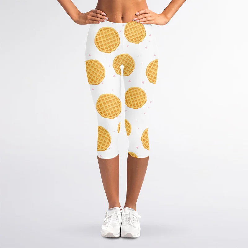 Cute Waffle Pattern Print Women's Capri Leggings Trendy Colorblock Print Leggings