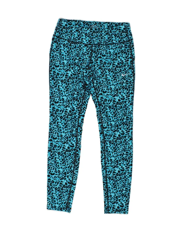 NIKE Womens Dri Fit Leggings UK 12 Medium  Blue Animal Print Polyester Comfortable Power Mesh Leggings