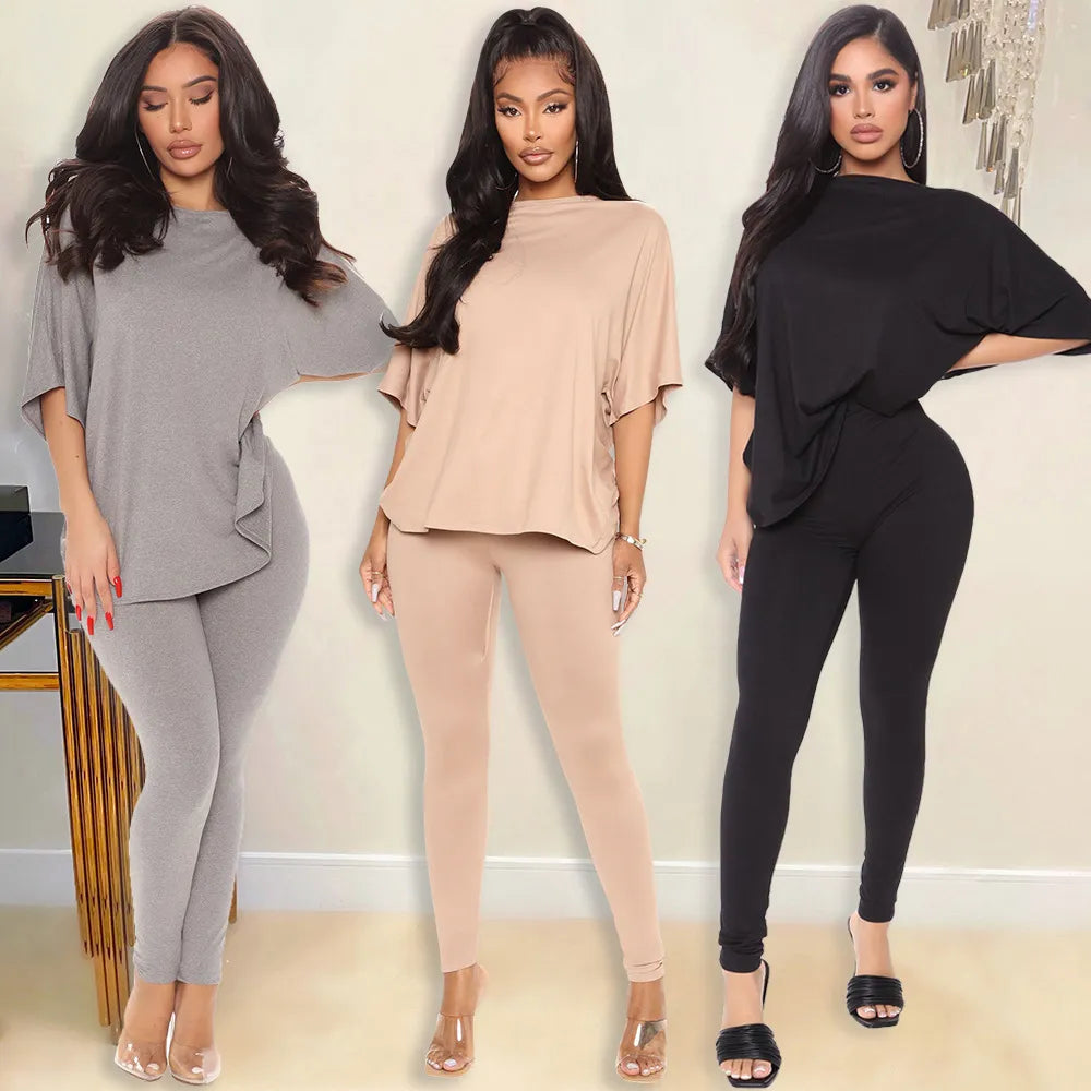 Women's Wide Sleeved Twisted Back Top and Leggings Two-piece Loungewear Set Fashionable Sports Leggings